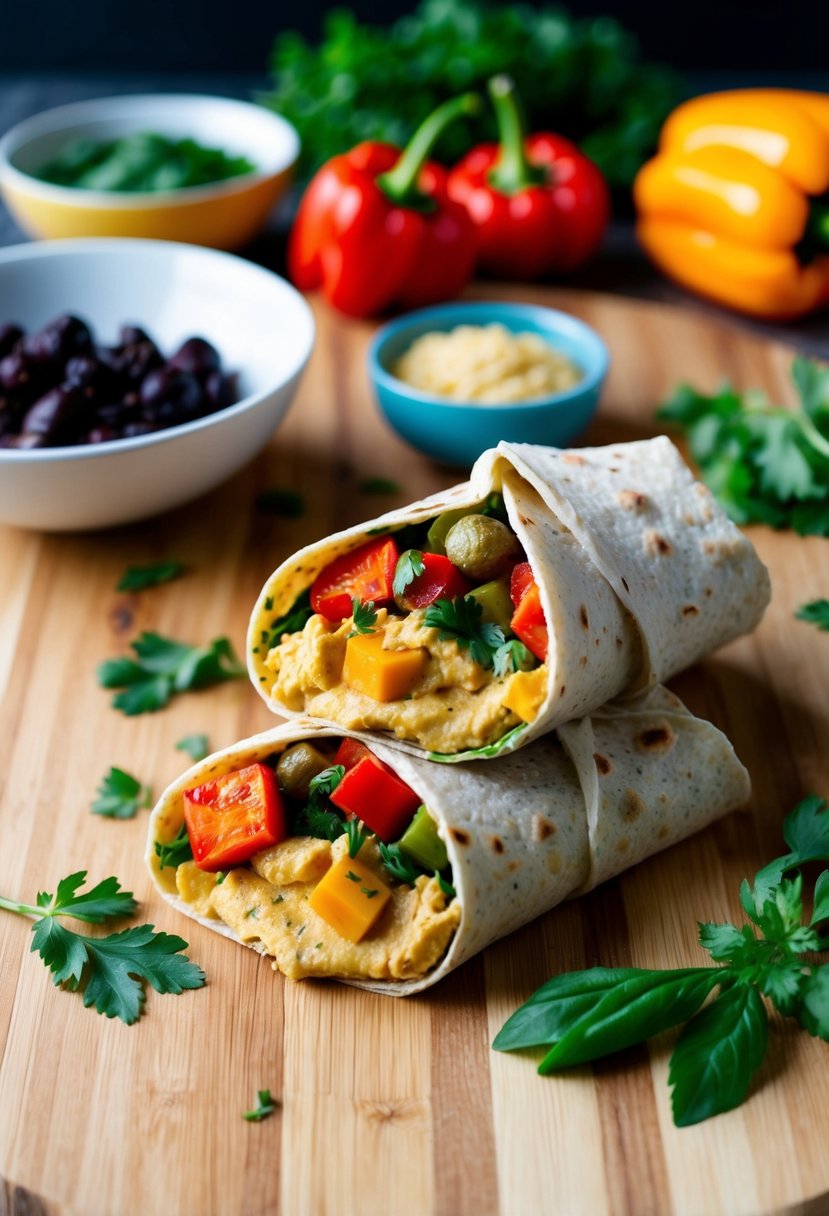 A colorful wrap filled with roasted red pepper hummus, fresh vegetables, and flavorful herbs