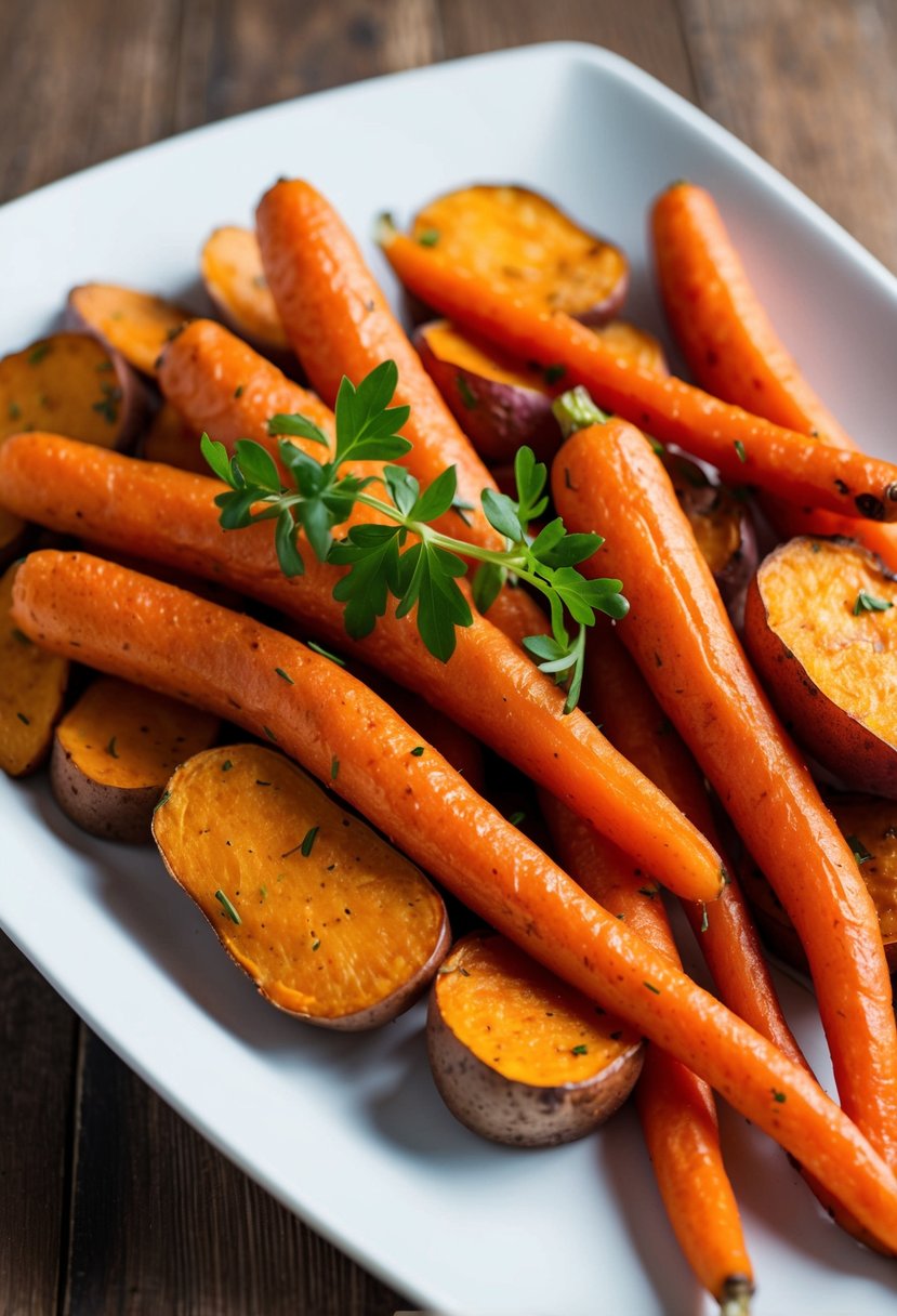 A colorful array of roasted sweet potatoes and carrots on a white plate, with a sprig of fresh herbs for garnish