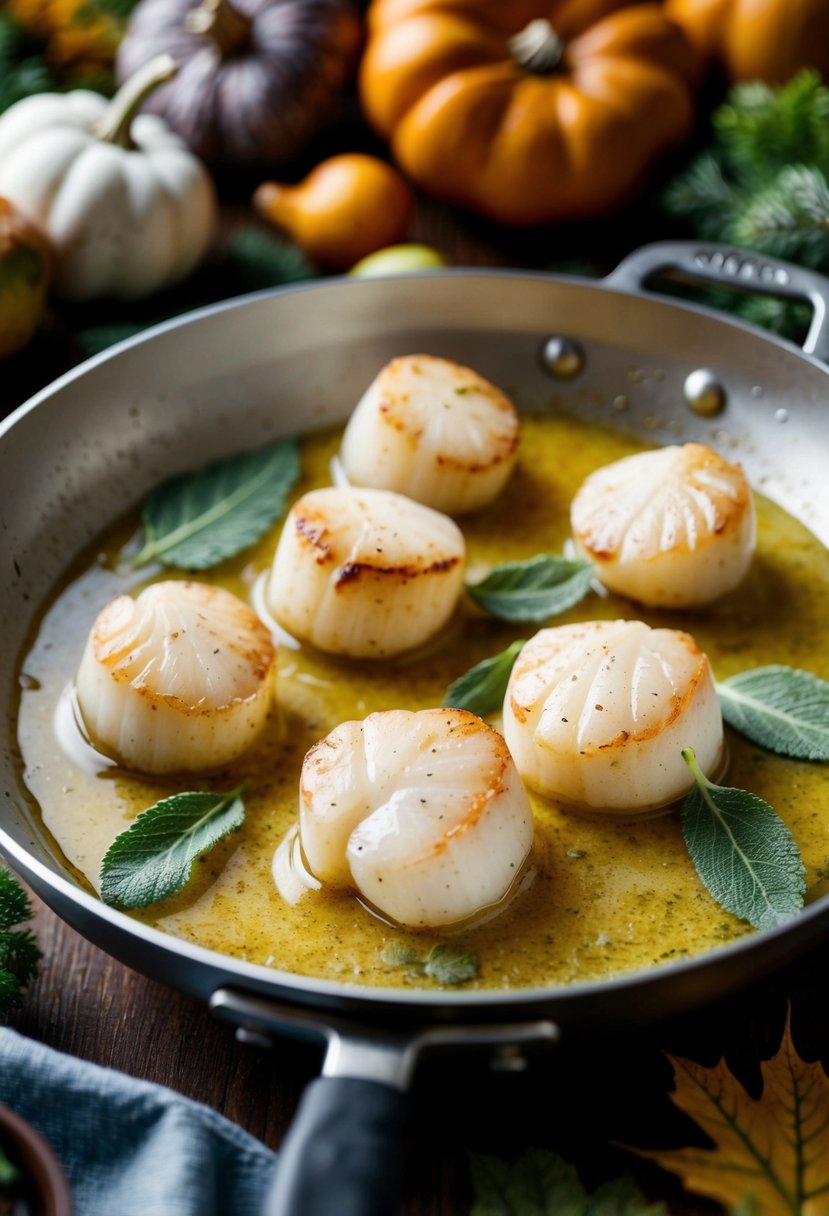 Scallops sizzling in sage butter, surrounded by fall foliage and seasonal ingredients