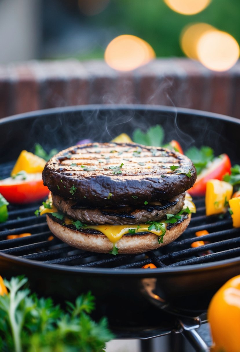 A sizzling portobello mushroom burger on a grill, surrounded by colorful vegetables and herbs