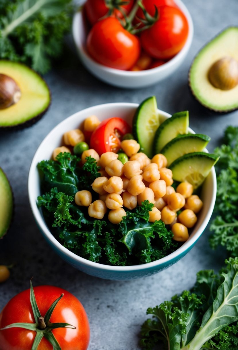 A colorful bowl filled with chickpeas and kale, surrounded by fresh ingredients like tomatoes, cucumbers, and avocado