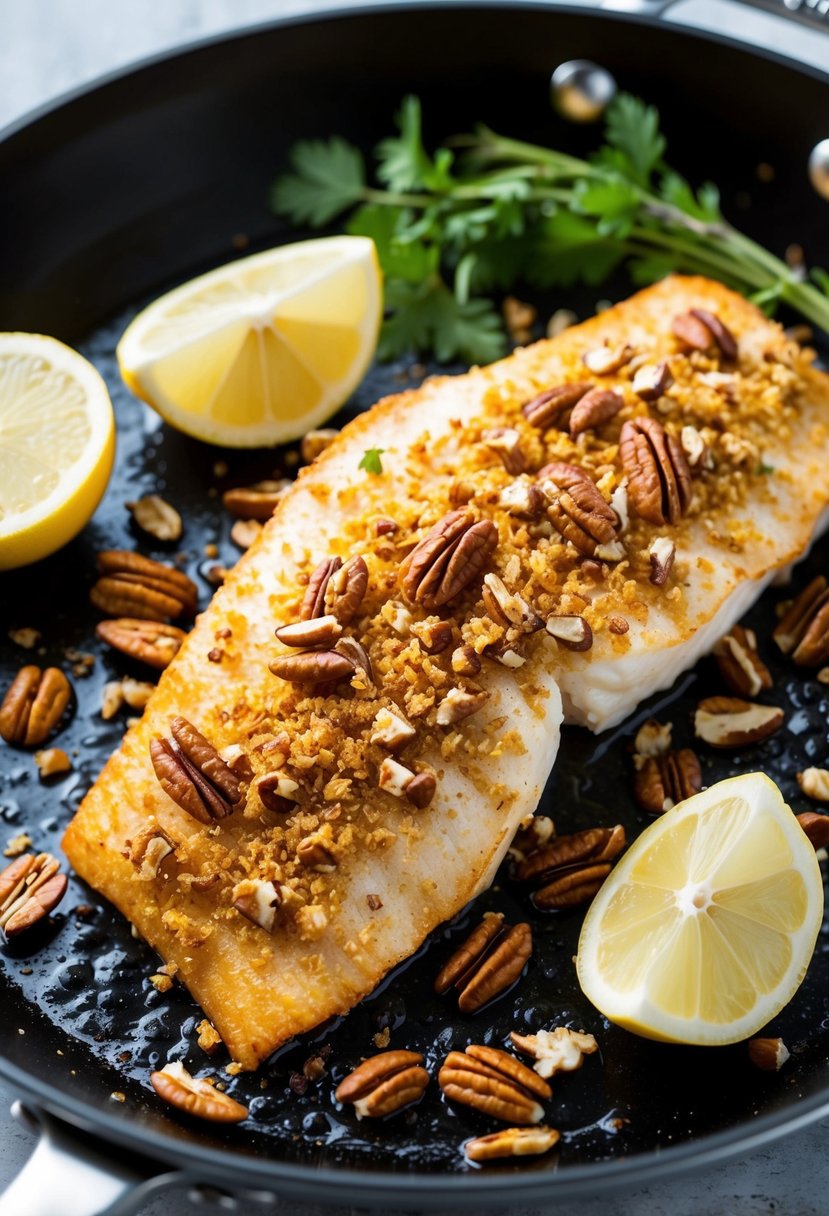 A golden-brown catfish fillet, coated in crushed pecans, sizzling in a skillet. Lemon wedges and fresh herbs nearby