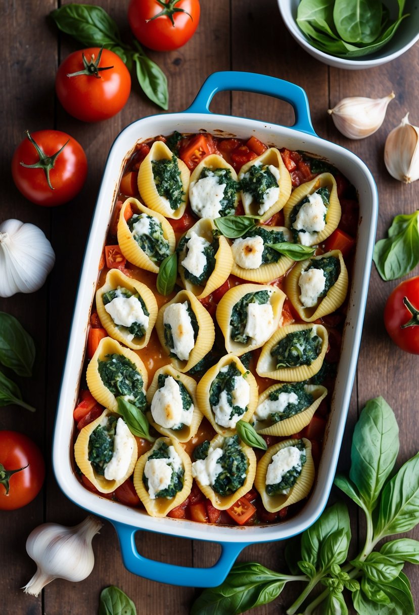 A baking dish filled with spinach and ricotta stuffed shells, surrounded by fresh ingredients like tomatoes, basil, and garlic