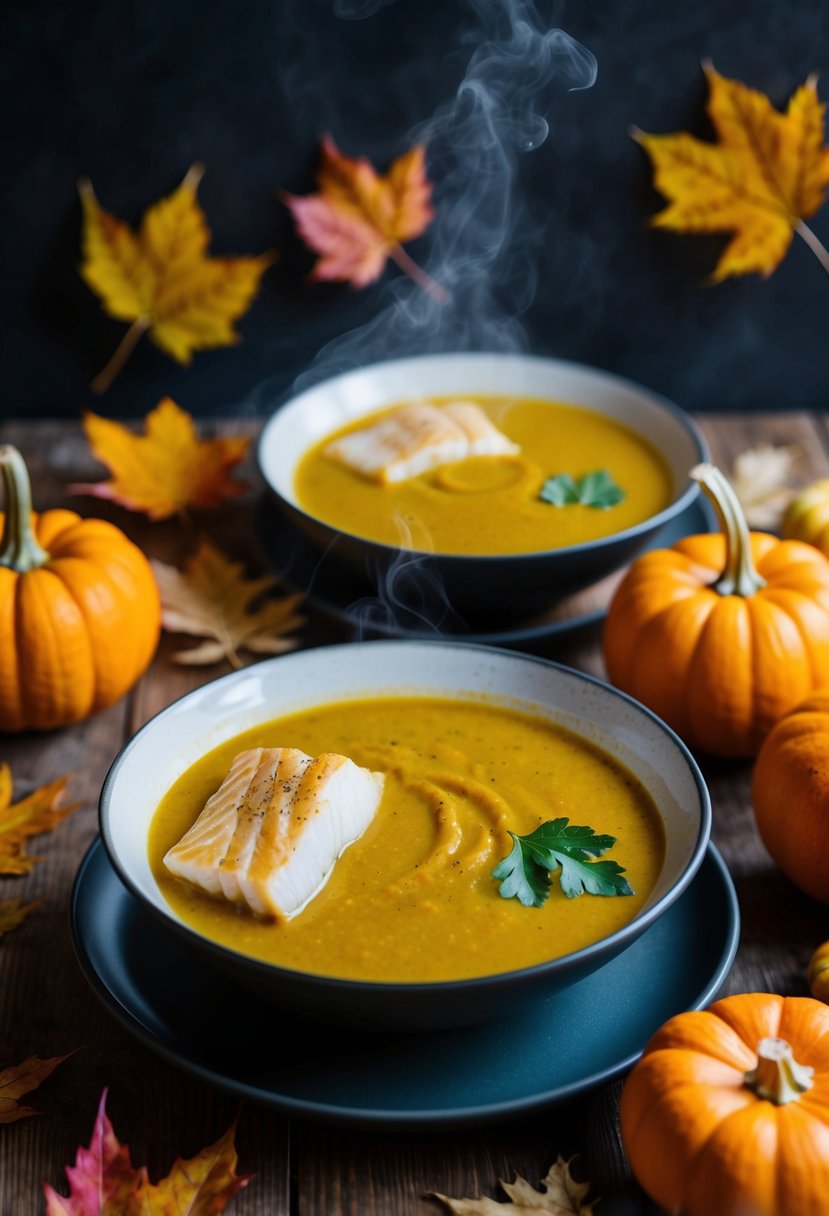 A steaming bowl of ginger pumpkin soup with a flaky fish fillet on the side, surrounded by autumn leaves and pumpkins