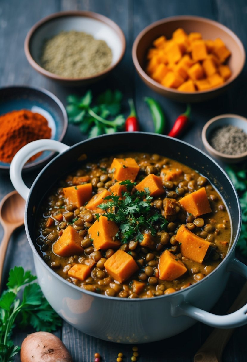 A bubbling pot of sweet potato and lentil curry surrounded by colorful spices and fresh herbs