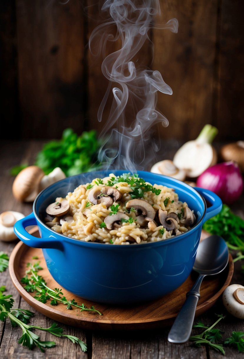 A steaming pot of mushroom risotto on a rustic wooden table, surrounded by fresh ingredients like mushrooms, onions, and herbs