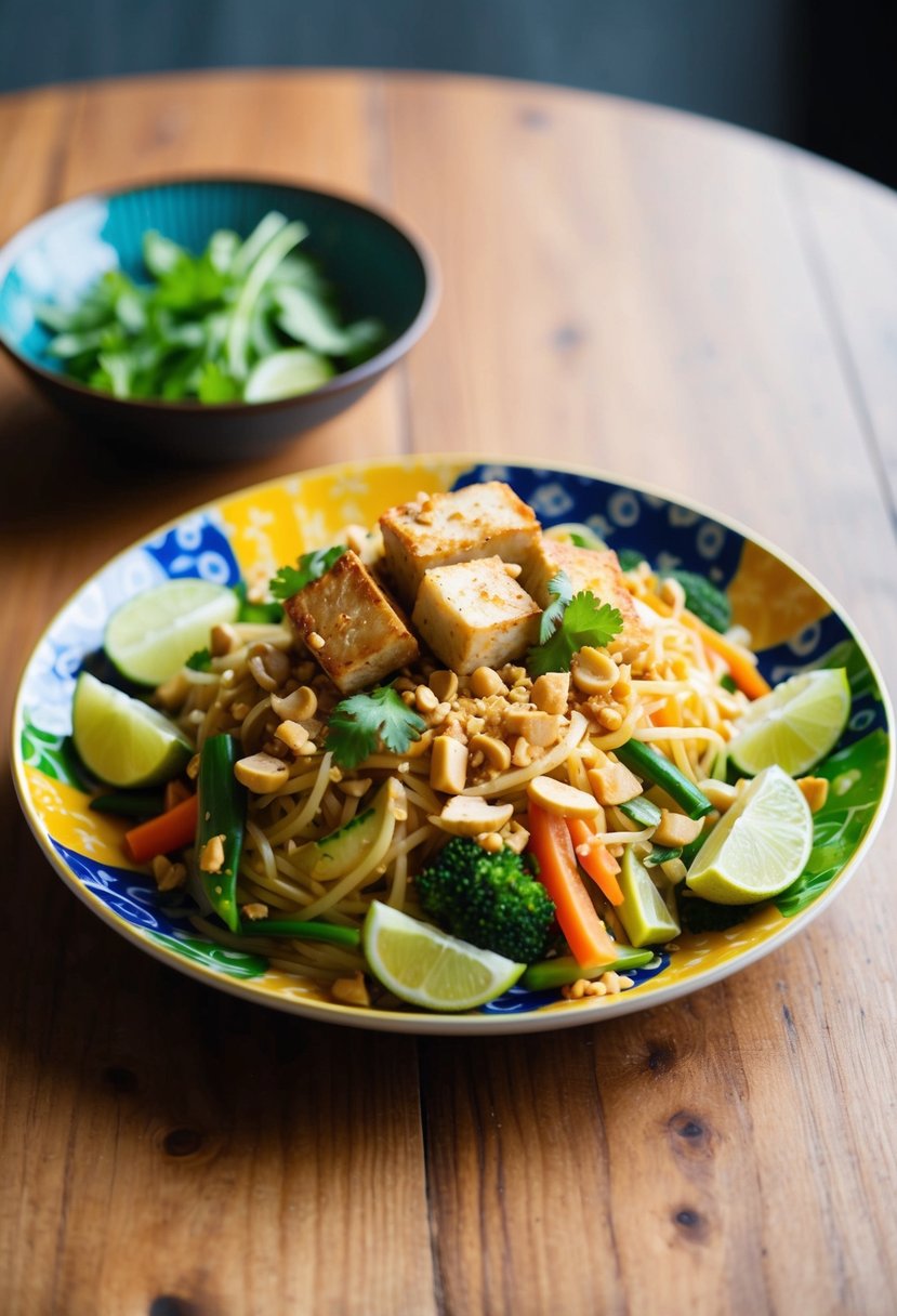 A colorful plate of Vegan Pad Thai with fresh vegetables and tofu, garnished with crushed peanuts and lime wedges, sits on a wooden table