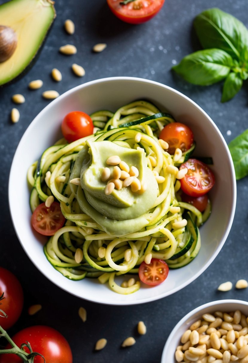 A bowl of zucchini noodles topped with creamy avocado sauce, surrounded by fresh ingredients like tomatoes, basil, and pine nuts