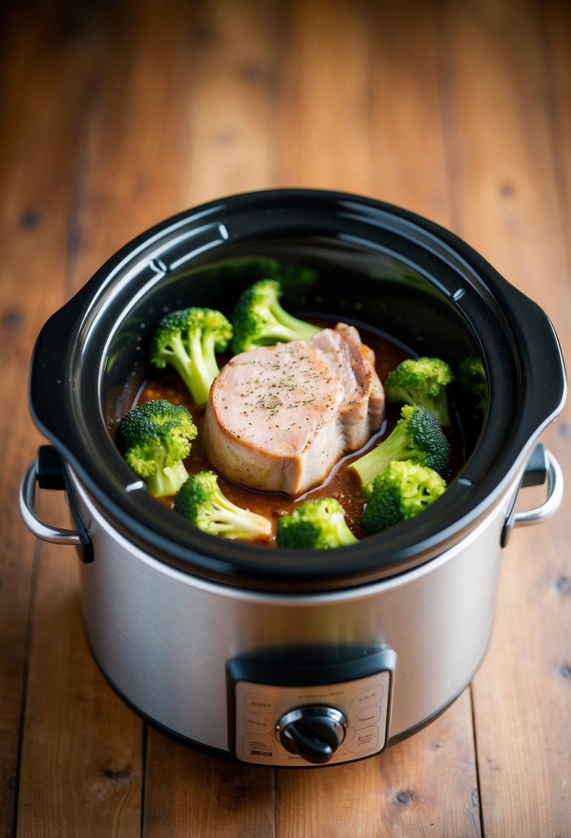 Pork chops, broccoli, and seasoning in a crockpot