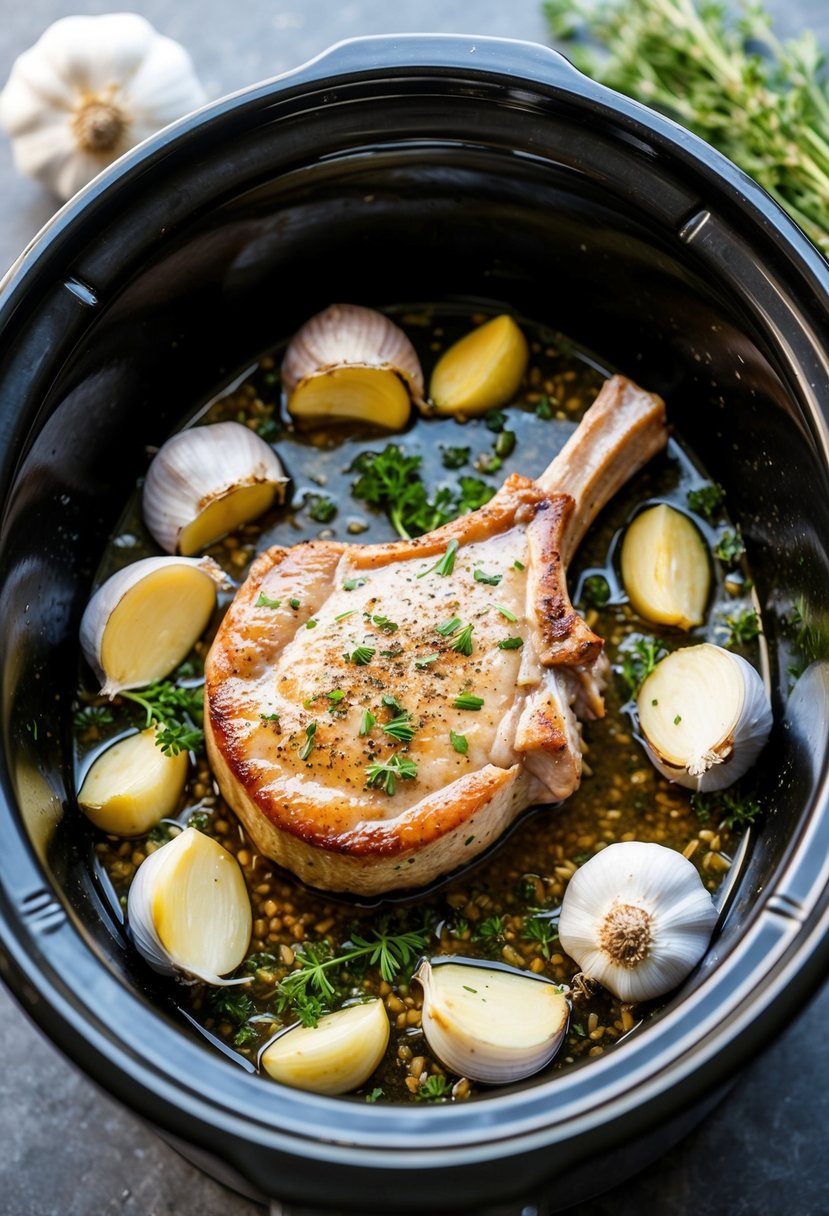 A sizzling pork chop surrounded by garlic cloves, fresh herbs, and keto-friendly seasonings in a crockpot