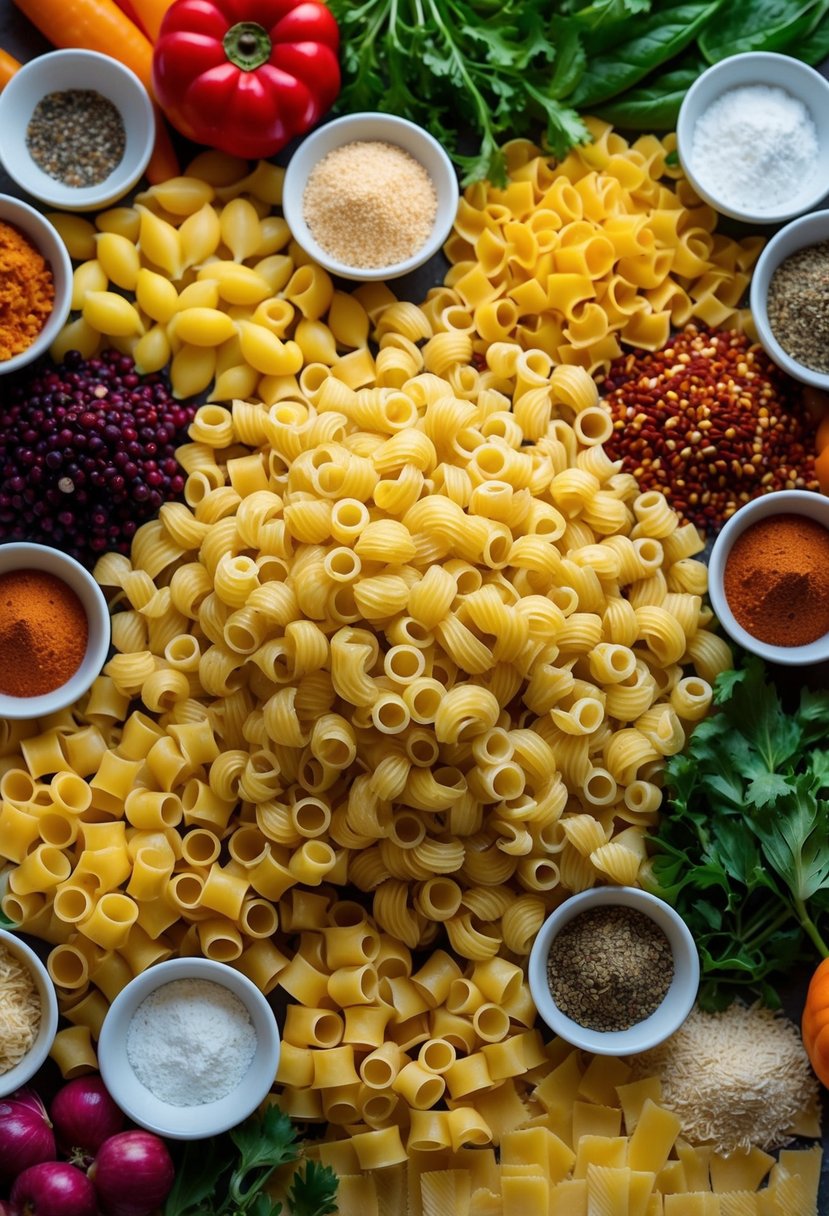 A colorful array of various pasta shapes and sizes, surrounded by an assortment of fresh ingredients and spices, ready to be transformed into unique and delicious recipes