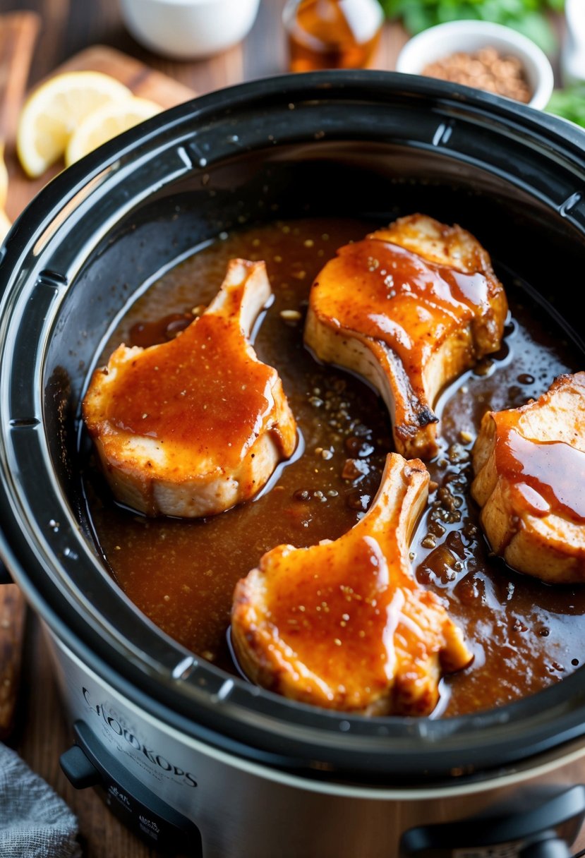 Pork chops sizzling in a crockpot, coated in a glossy maple balsamic glaze, surrounded by keto-friendly ingredients