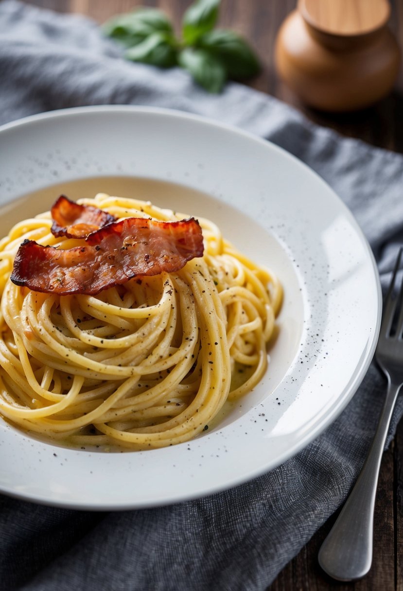 A steaming plate of Spaghetti Carbonara with crispy bacon, creamy sauce, and a sprinkle of black pepper, set against a rustic Italian backdrop