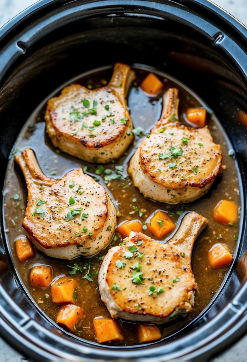 A crockpot filled with keto ranch seasoned pork chops cooking on low heat