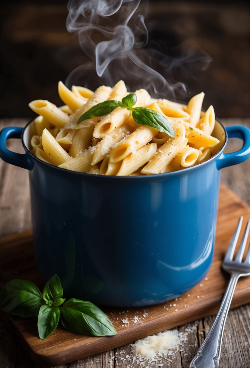 A steaming pot of penne pasta in a creamy vodka sauce, garnished with fresh basil and grated parmesan, sits on a rustic wooden table