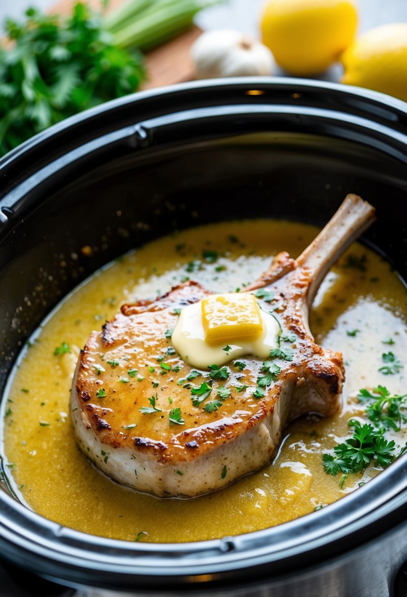 A sizzling pork chop cooking in a crockpot with lemon butter sauce, surrounded by keto-friendly ingredients like herbs and vegetables