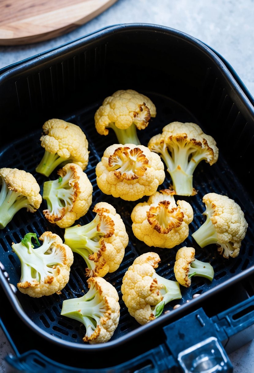 Cauliflower florets sizzling in an air fryer, emitting a savory aroma as they turn golden brown and crispy