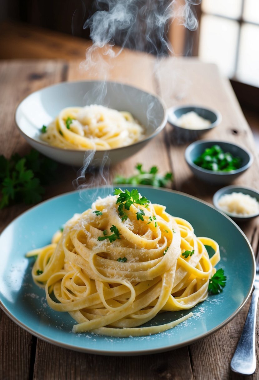 A steaming plate of fettuccine Alfredo topped with freshly grated cheese and garnished with parsley, served on a rustic wooden table