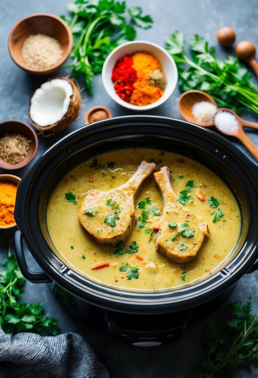 A crockpot simmering with coconut curry pork chops, surrounded by vibrant spices and fresh herbs