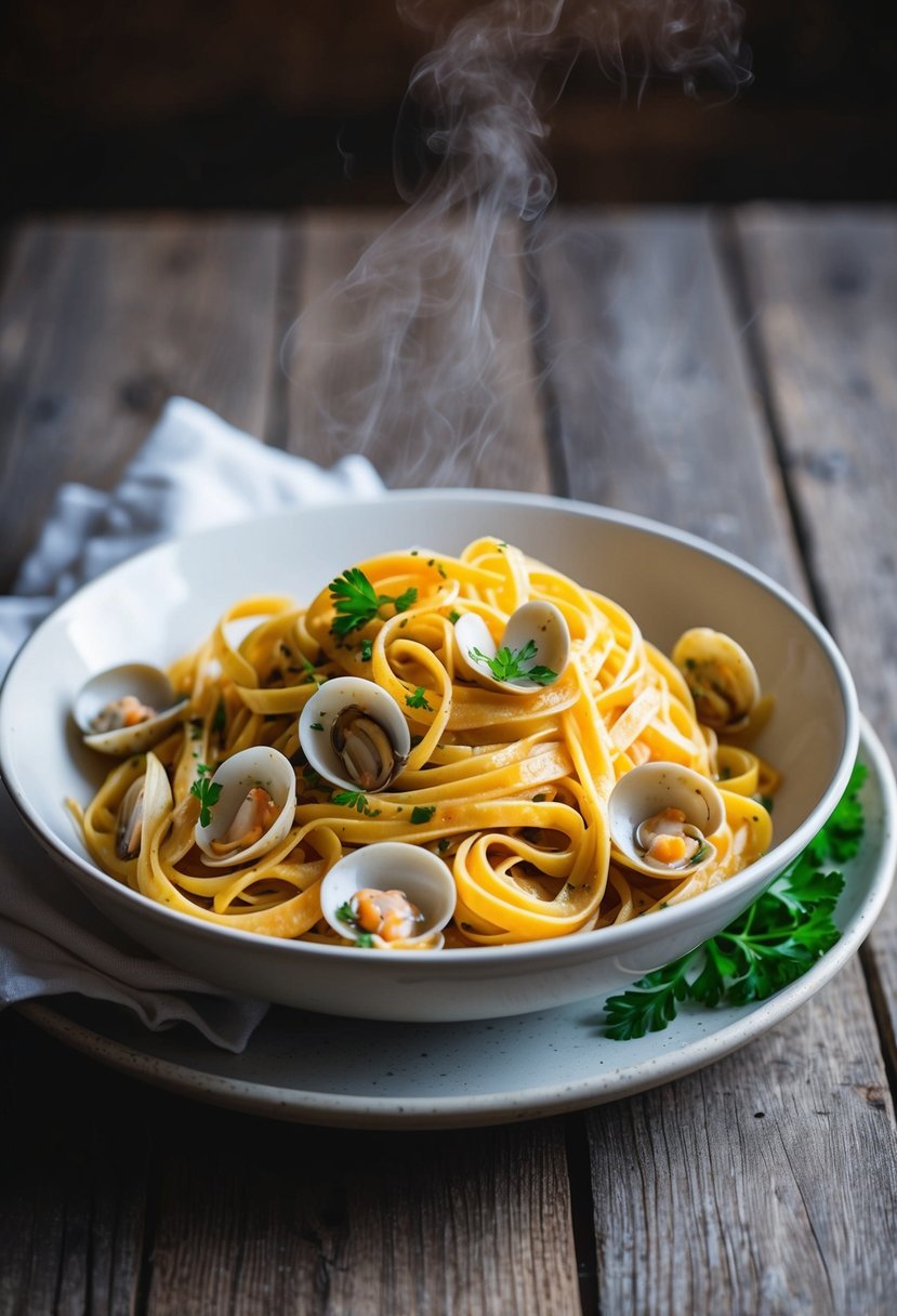 A steaming plate of linguine with clam sauce, garnished with fresh parsley and served in a white ceramic bowl on a rustic wooden table