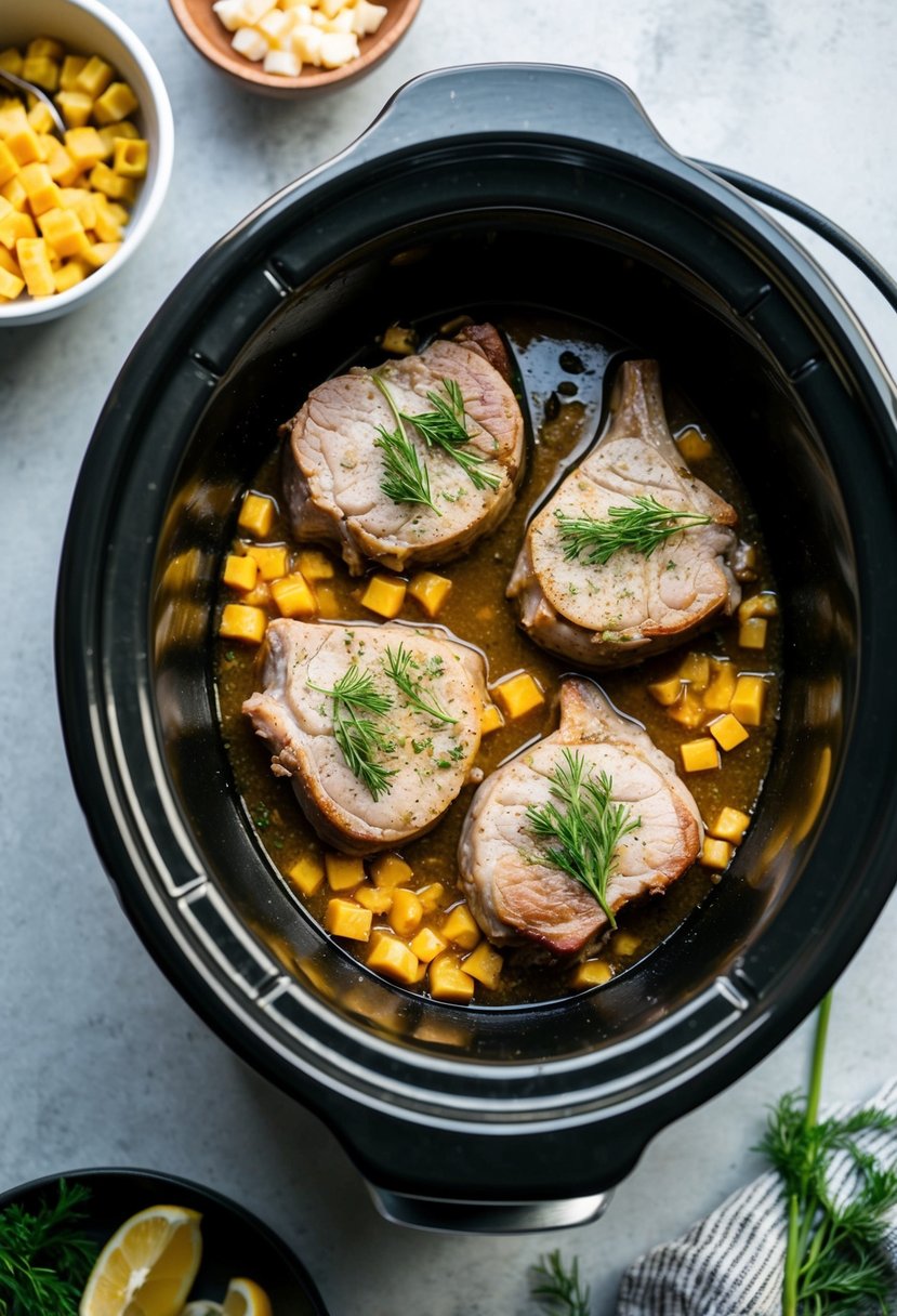 A crockpot filled with keto mustard dill pork chops cooking