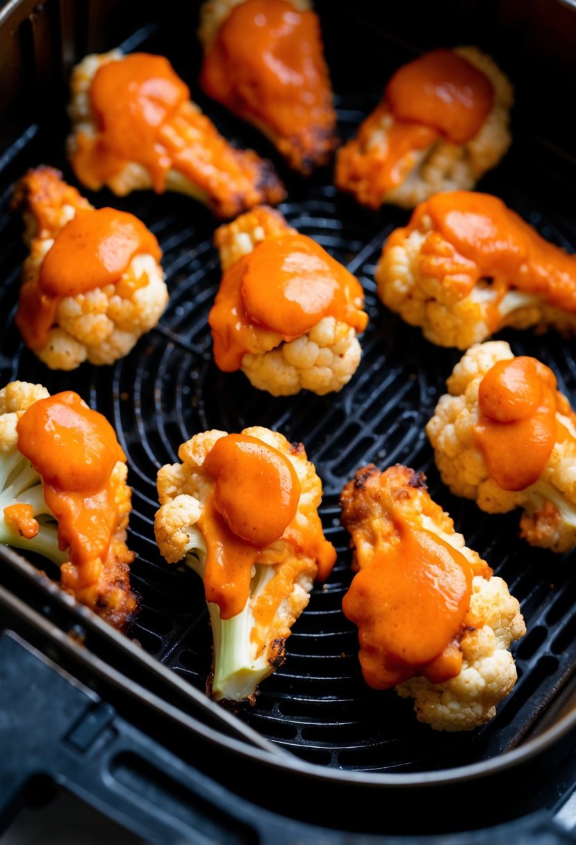 Crispy cauliflower wings coated in buffalo sauce, sizzling in the air fryer