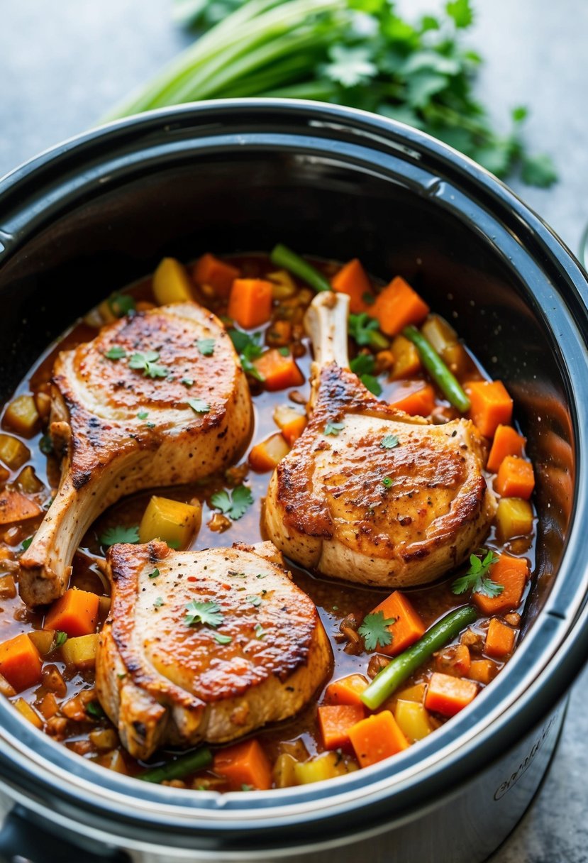 A sizzling crockpot filled with juicy chipotle-seasoned pork chops and a mix of colorful keto-friendly vegetables