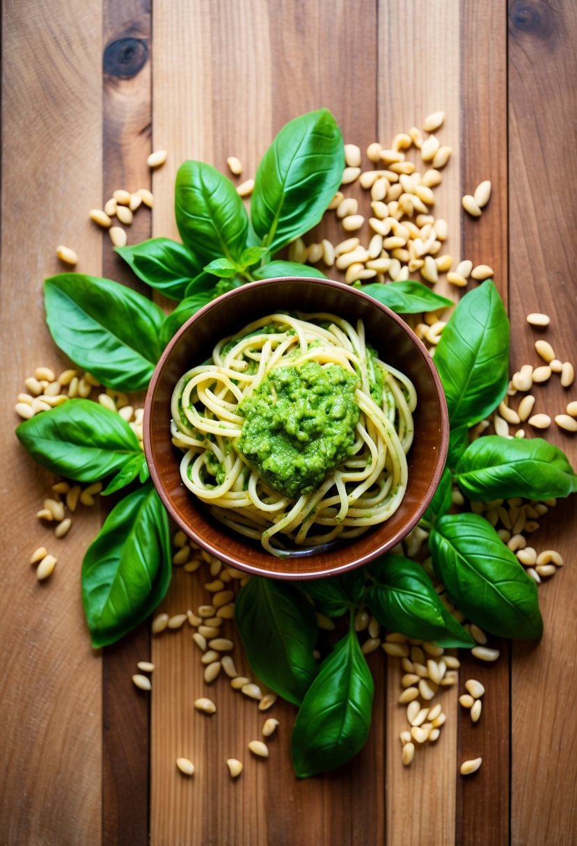 A wooden table topped with a bowl of freshly made Pesto Genovese pasta, surrounded by vibrant green basil leaves and a scattering of pine nuts