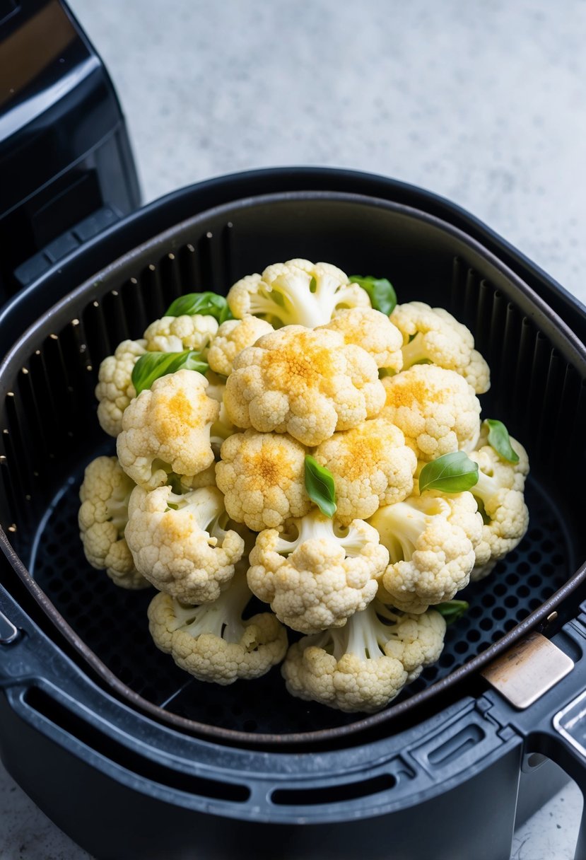 A head of cauliflower coated in garlic and parmesan, sitting in an air fryer basket ready to be cooked