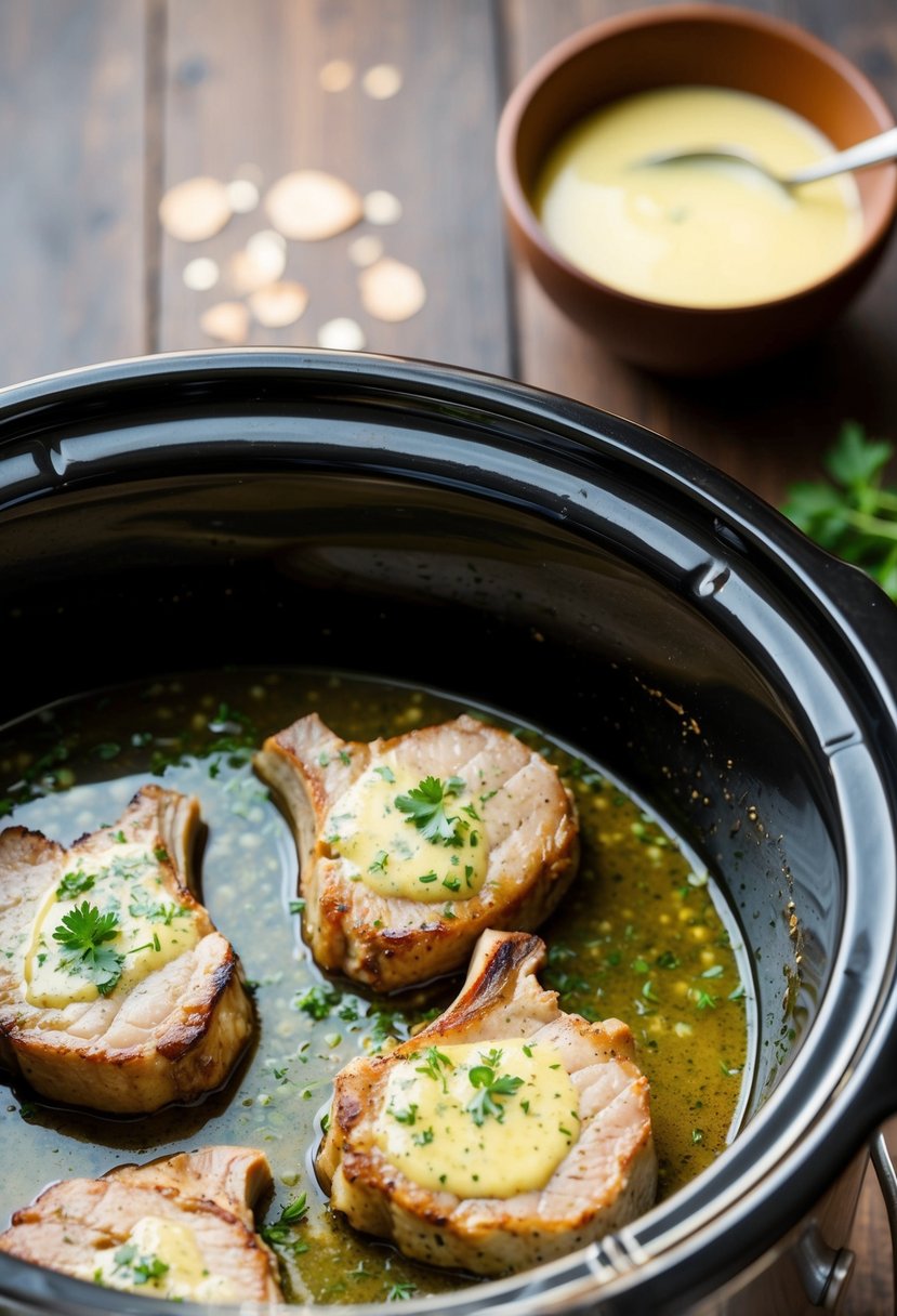 Pork chops sizzling in a crockpot with herb-infused butter sauce