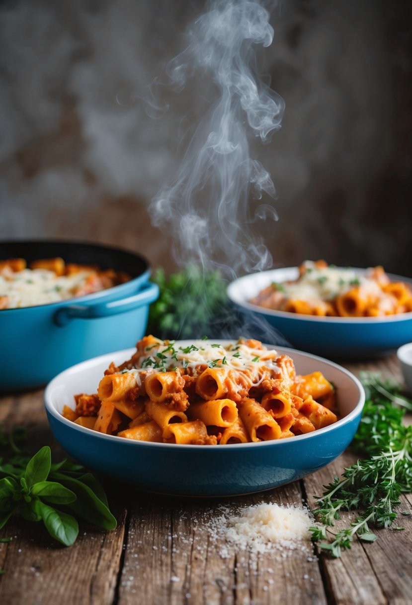 A rustic kitchen table with a steaming dish of baked ziti surrounded by fresh herbs and grated cheese