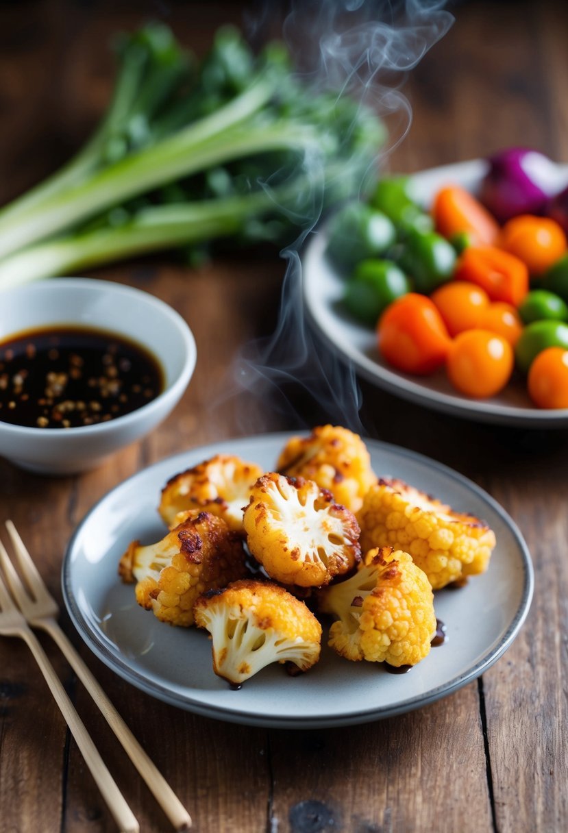 A plate of golden-brown teriyaki cauliflower bites sits on a wooden table next to a small bowl of dipping sauce. A light steam rises from the bites, and the table is surrounded by colorful vegetables