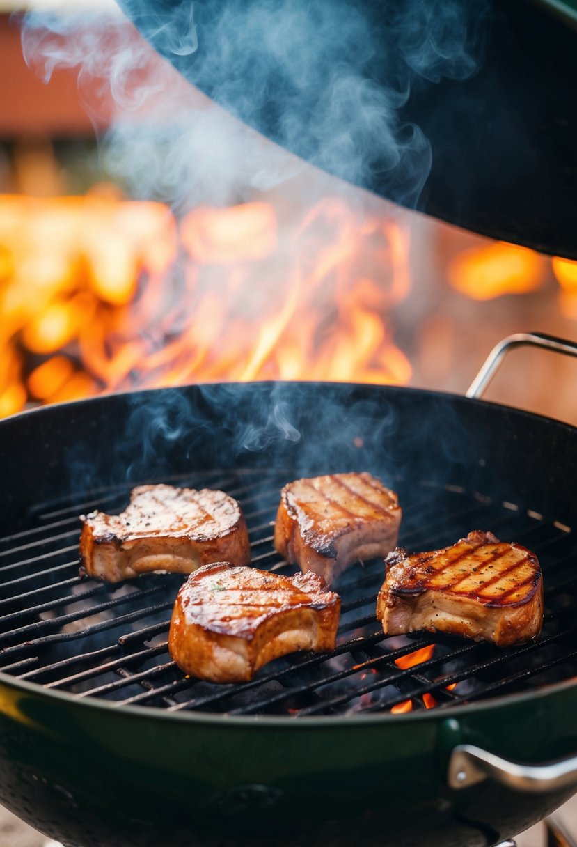 Juicy pork chops sizzling on a hot BBQ grill, surrounded by a cloud of smoky aroma