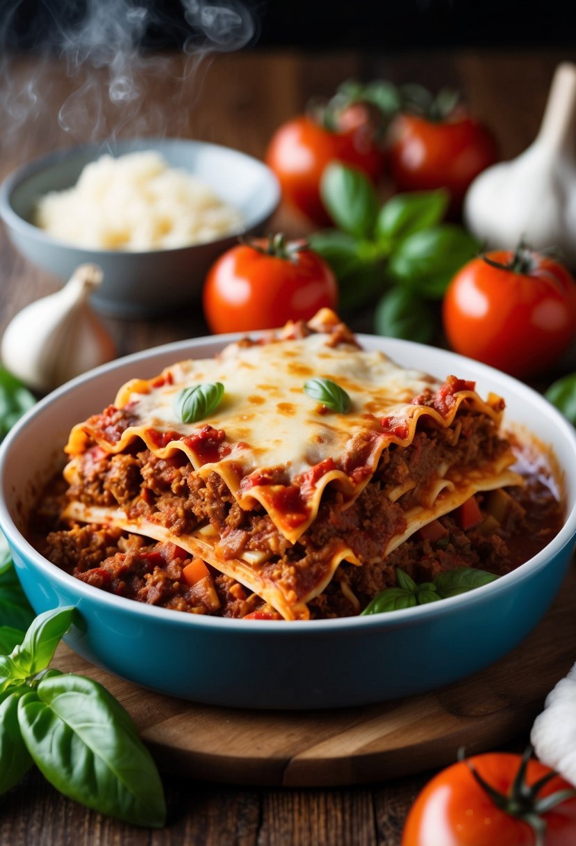 A steaming dish of lasagna Bolognese, layered with rich meat sauce and creamy cheese, surrounded by vibrant ingredients like tomatoes, basil, and garlic