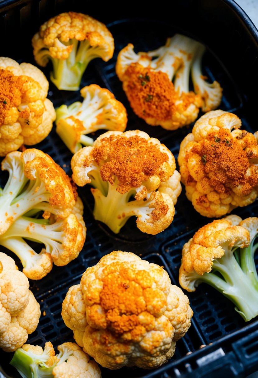 Cauliflower florets coated in spicy seasoning, sizzling in an air fryer