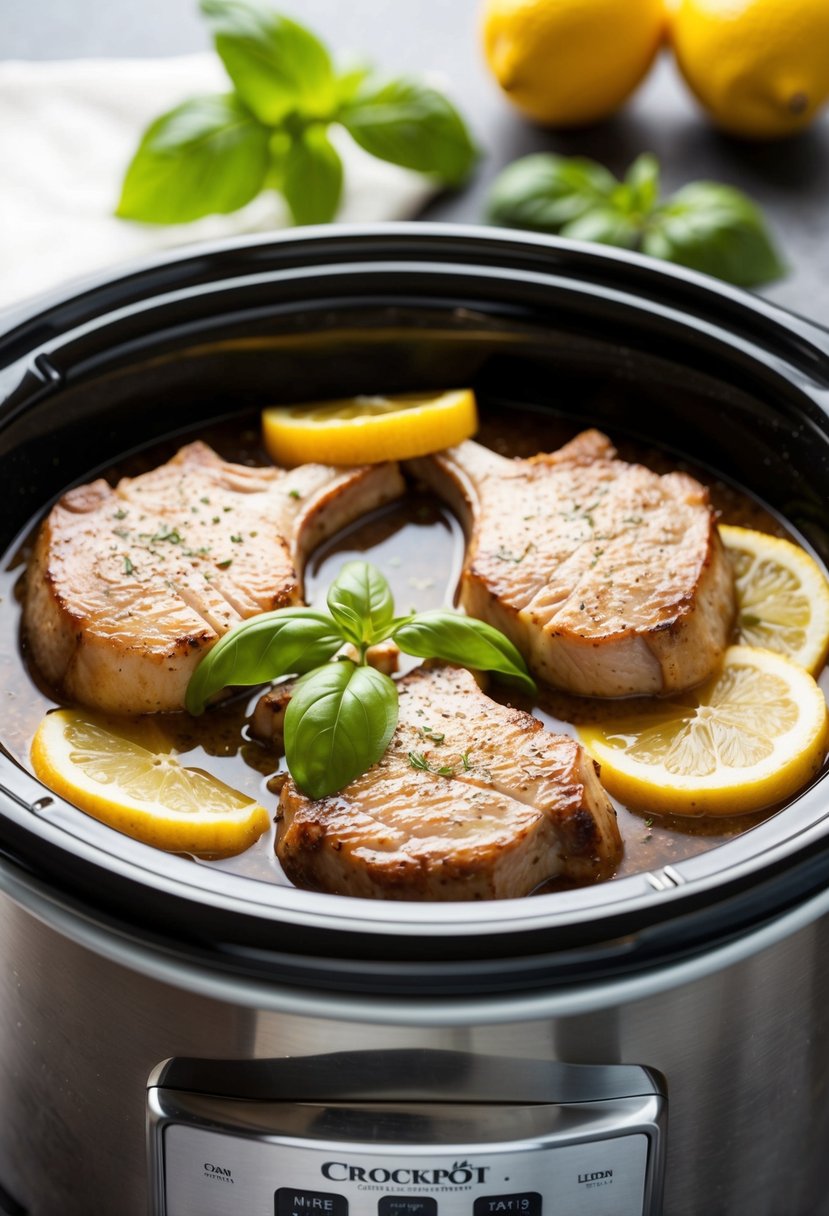 Pork chops simmering in a crockpot with lemon slices and fresh basil