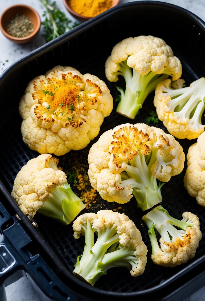 Cauliflower florets sizzling in an air fryer, surrounded by Mediterranean spices and herbs, emitting a tantalizing aroma