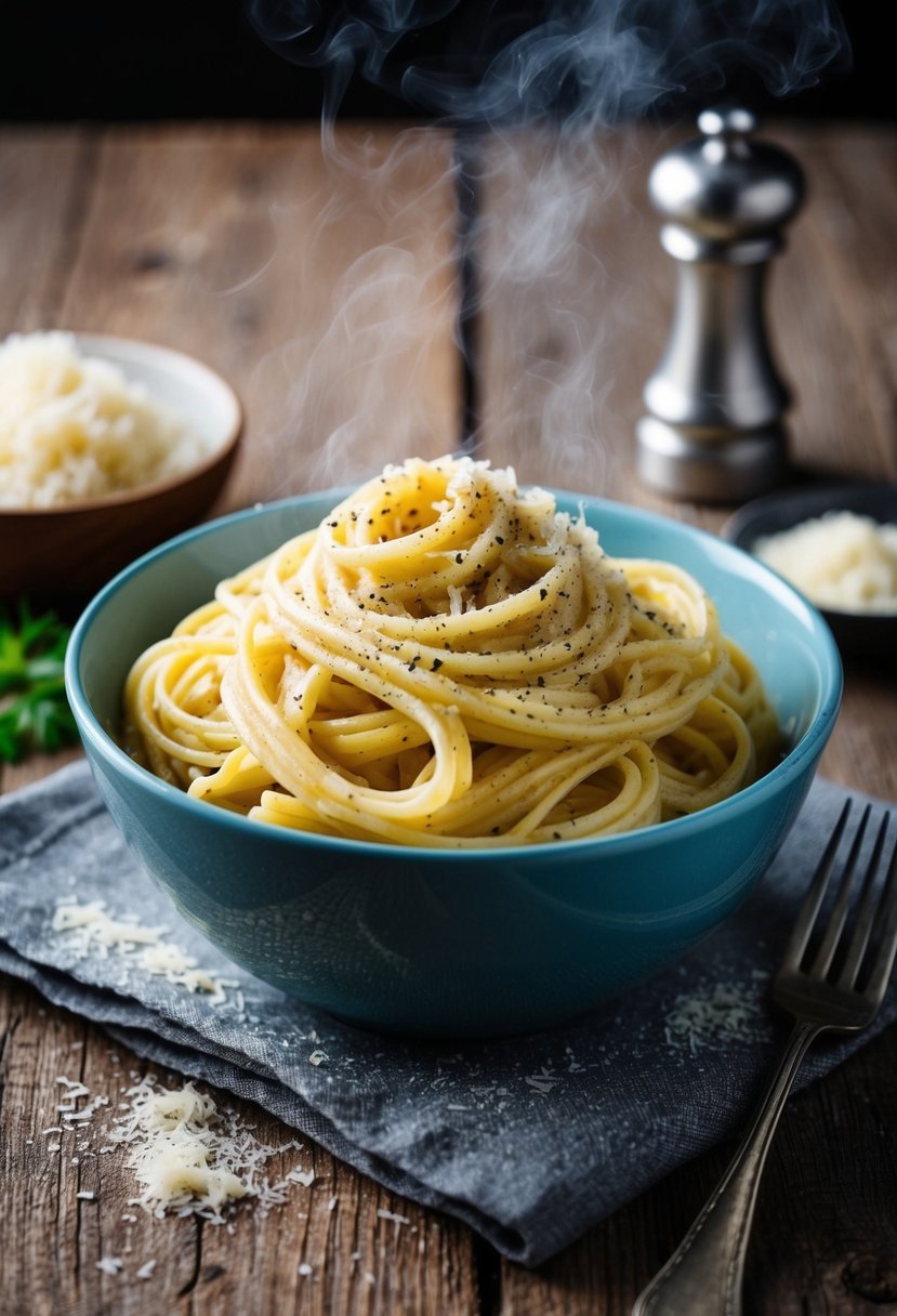 A steaming bowl of cacio e pepe pasta, adorned with freshly cracked black pepper and grated pecorino cheese, sits on a rustic wooden table