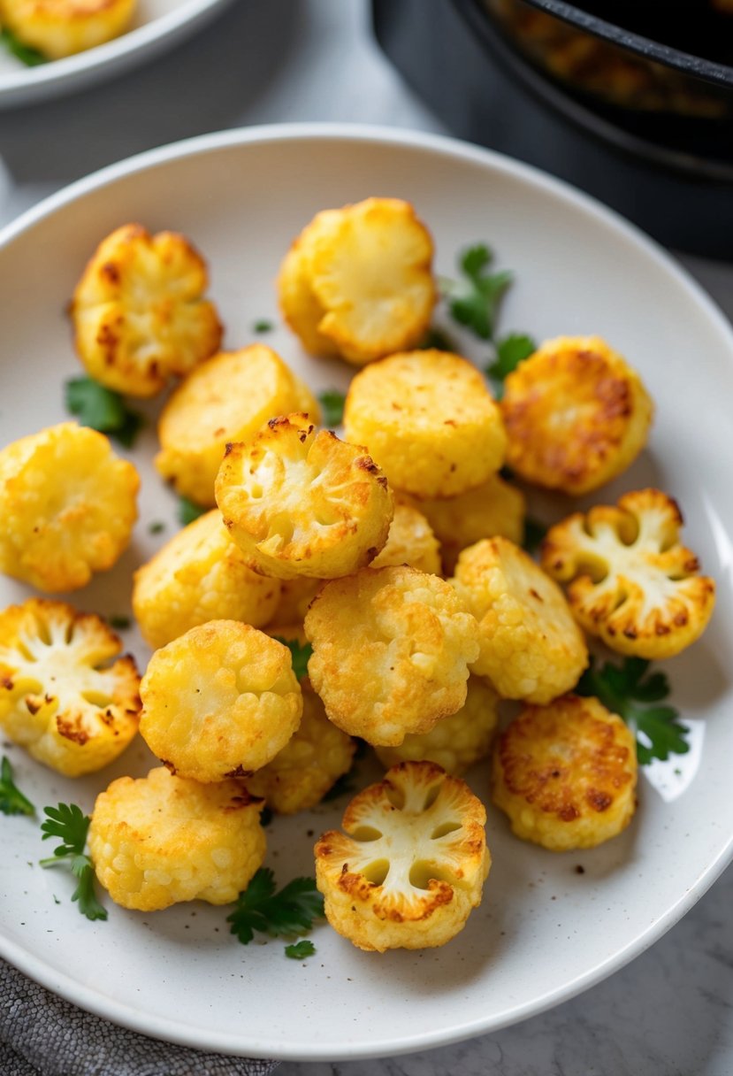 A plate of golden brown cauliflower tater tots sizzling in the air fryer