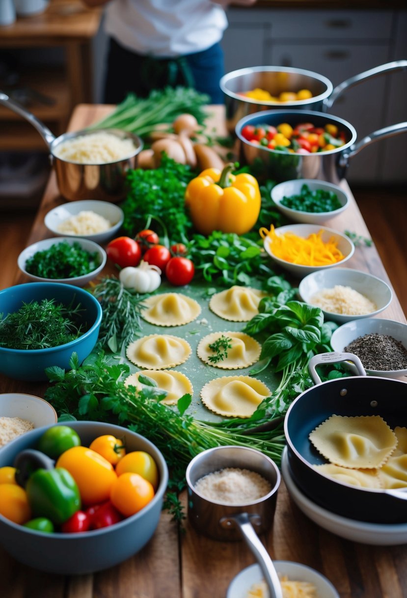 A table set with colorful vegetables, herbs, and pasta dough, surrounded by pots and pans, ready to create Ravioli Primavera