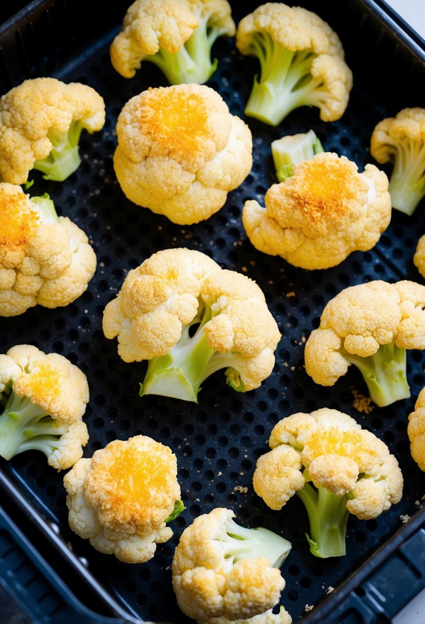 Cauliflower florets coated in cheese and breadcrumbs, arranged on an air fryer tray