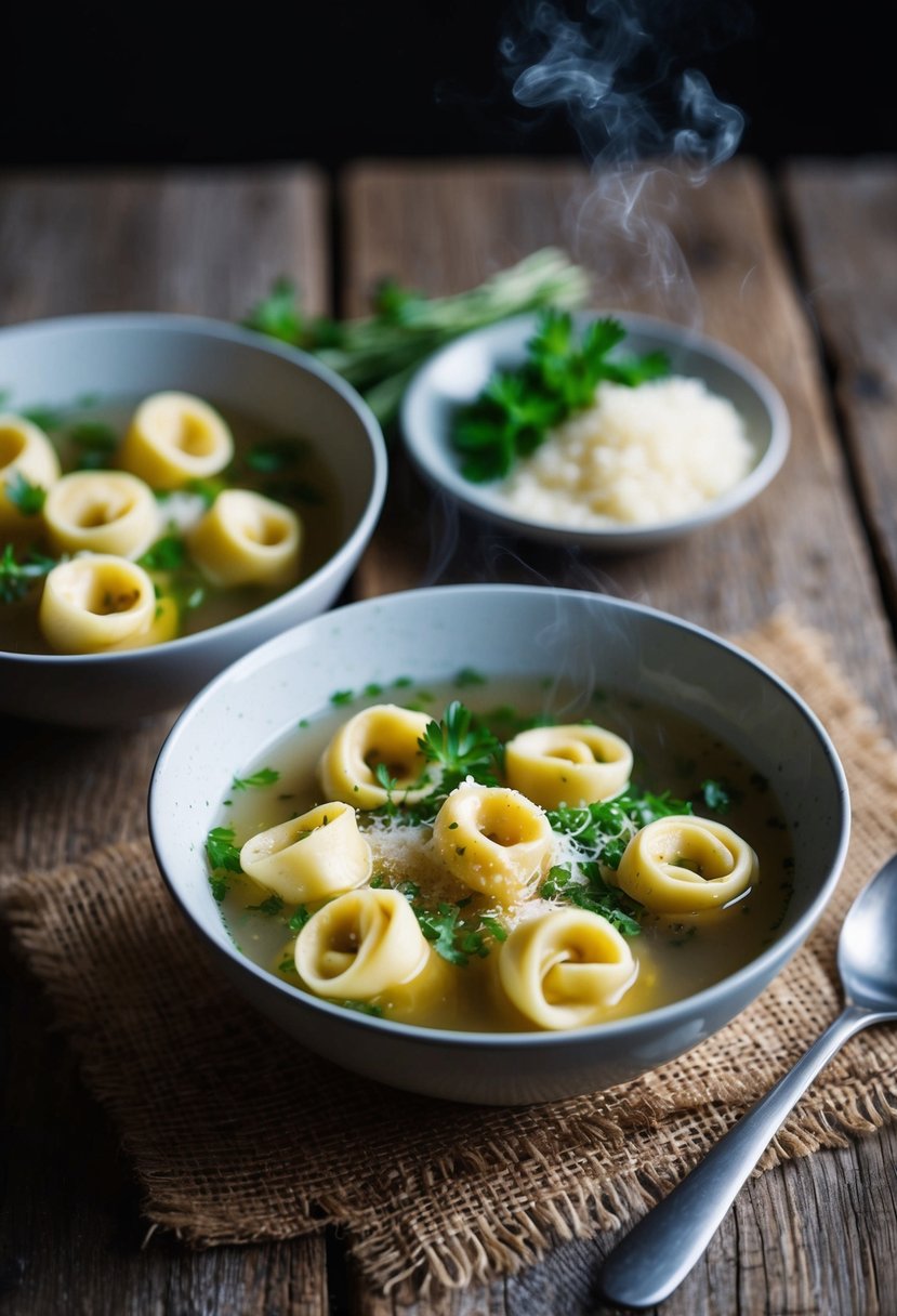 A steaming bowl of tortellini in clear broth, garnished with fresh herbs and a sprinkle of Parmesan cheese, sits on a rustic wooden table