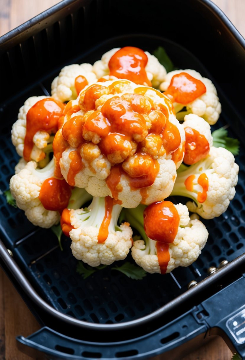 A head of cauliflower coated in honey sriracha sauce, placed in an air fryer basket