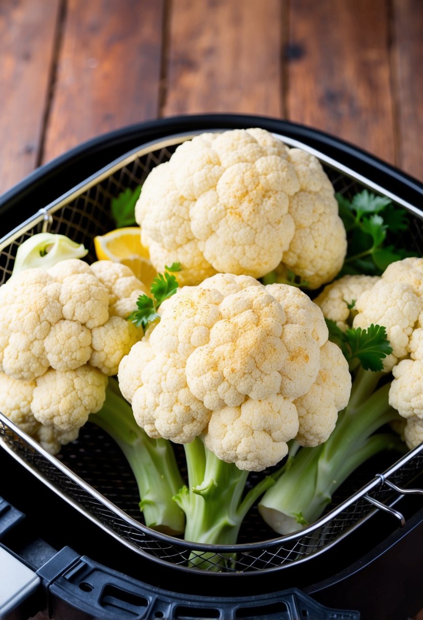 Fresh cauliflower coated in lemon pepper seasoning, placed in an air fryer basket