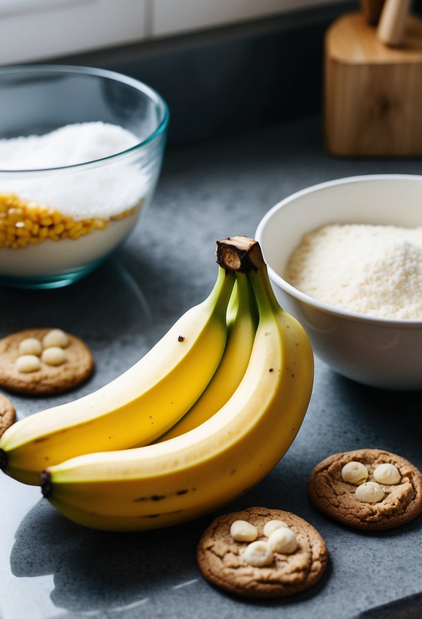 A ripe banana surrounded by cookie ingredients and a mixing bowl on a kitchen counter