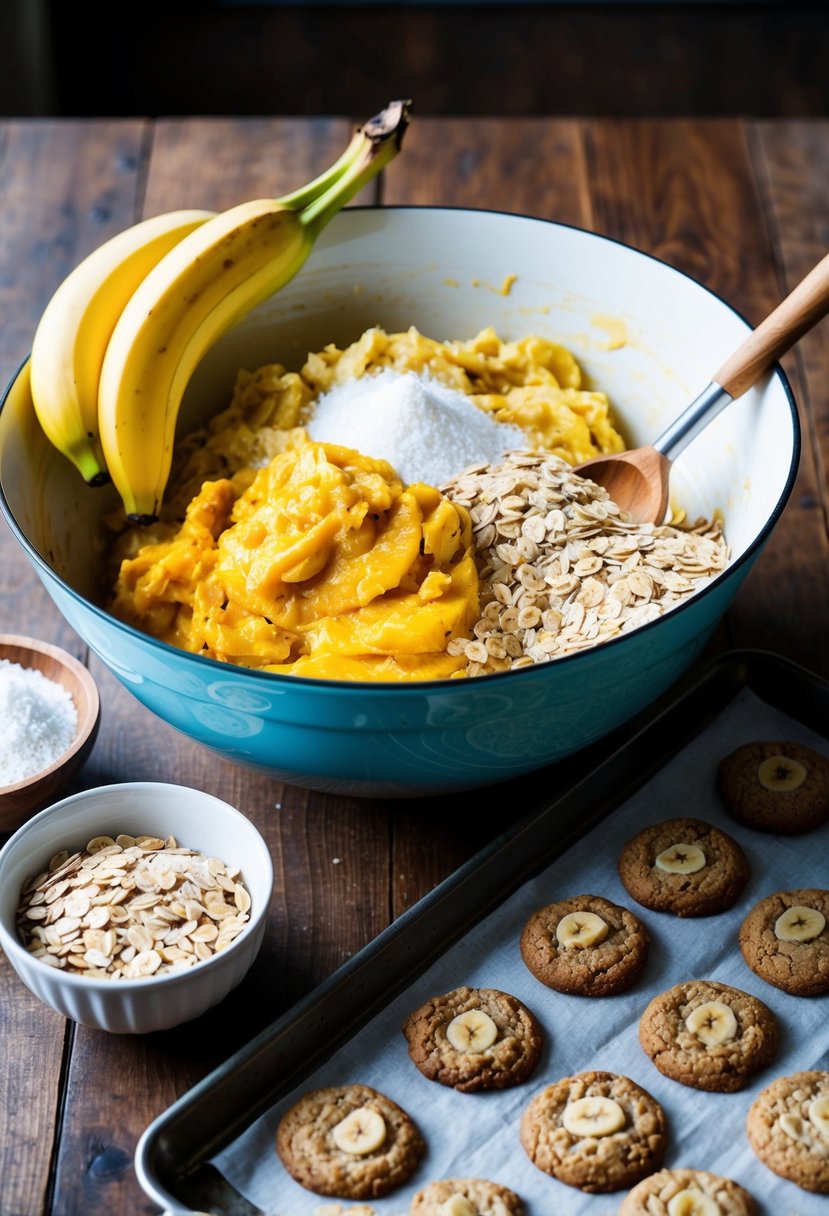 A wooden table with a mixing bowl filled with mashed bananas, oats, and other ingredients. A tray of freshly baked banana oat cookies sits next to the bowl