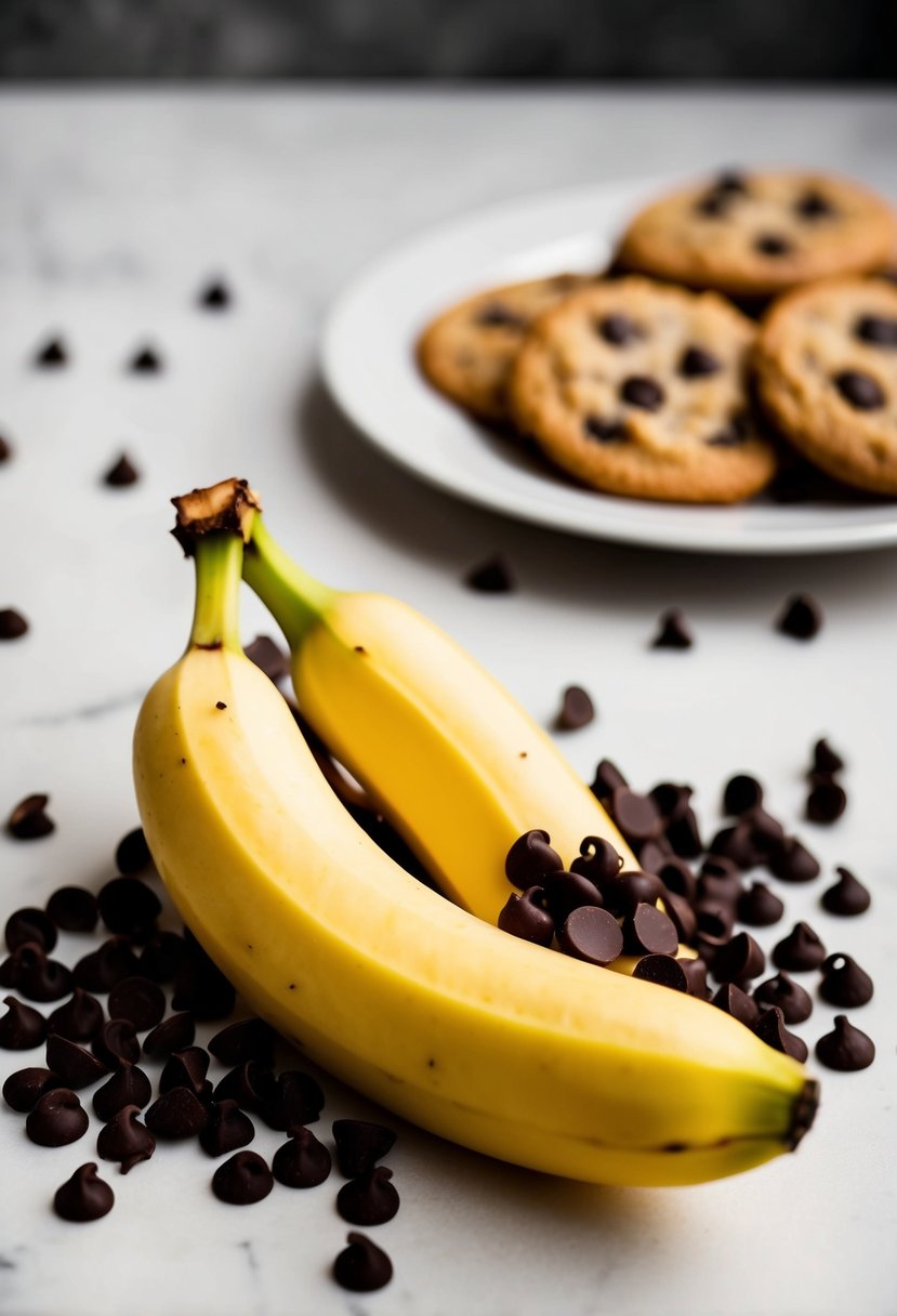 A ripe banana surrounded by chocolate chips, with a plate of freshly baked cookies in the background