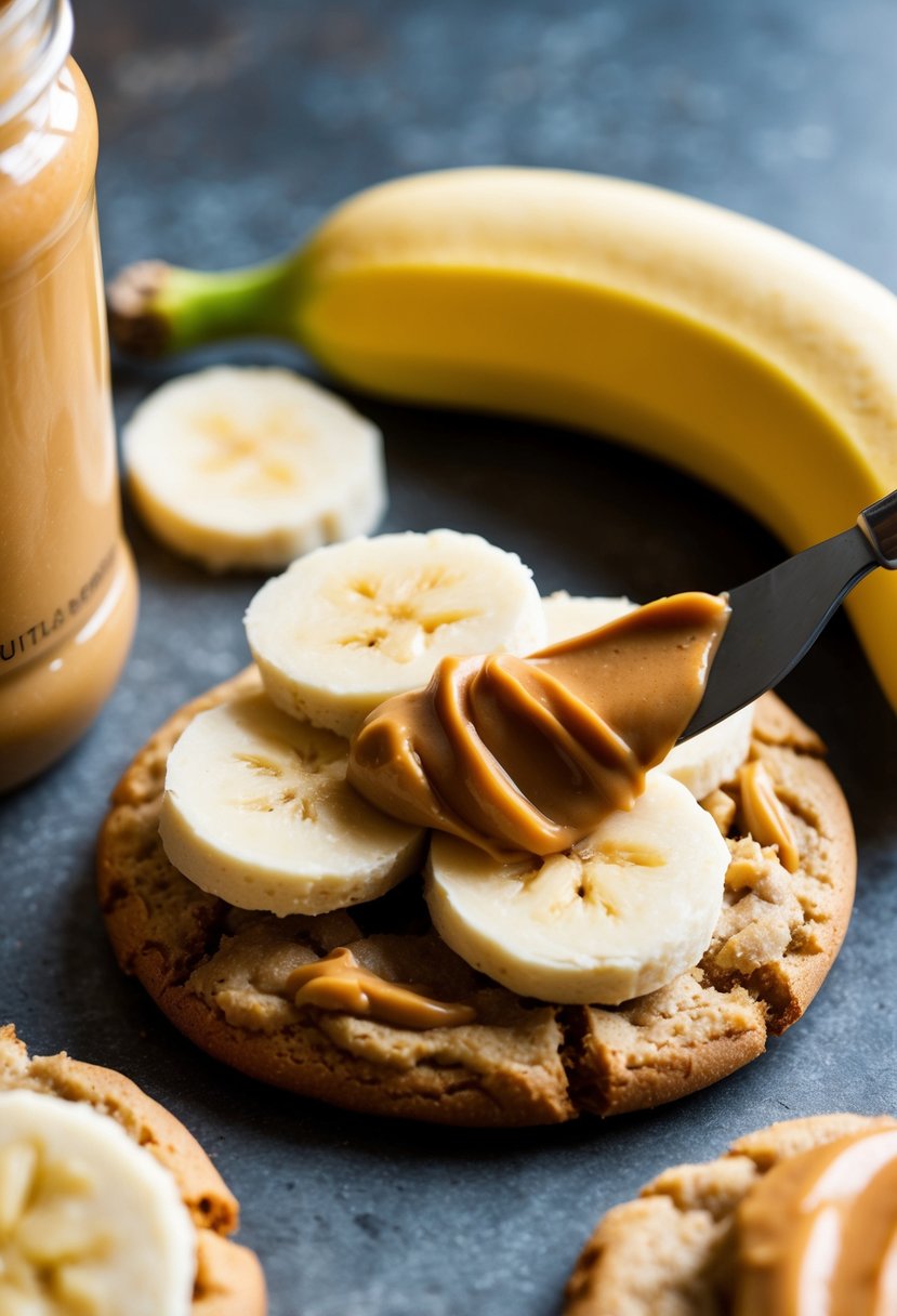 A ripe banana is being sliced and spread with peanut butter on a cookie, creating a delicious Peanut Butter Banana Delight