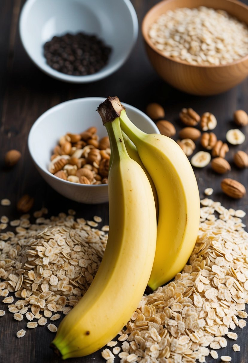 A ripe banana surrounded by oats, nuts, and a mixing bowl