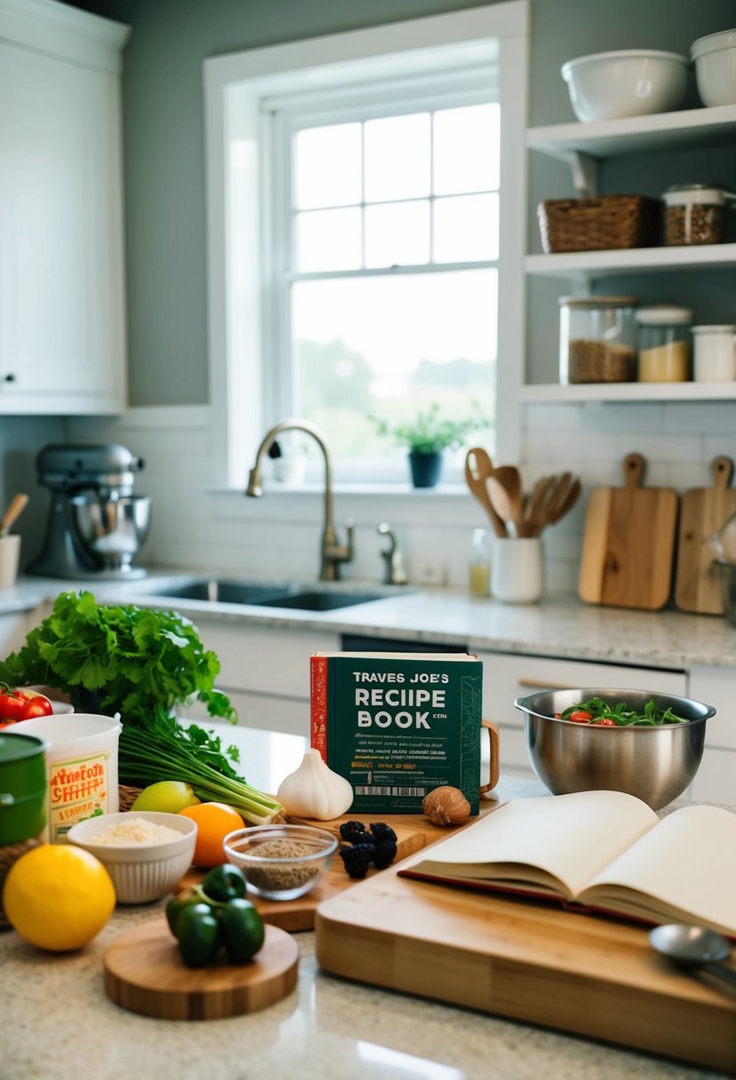 A kitchen counter filled with fresh ingredients, baking utensils, and open Trader Joe's recipe book